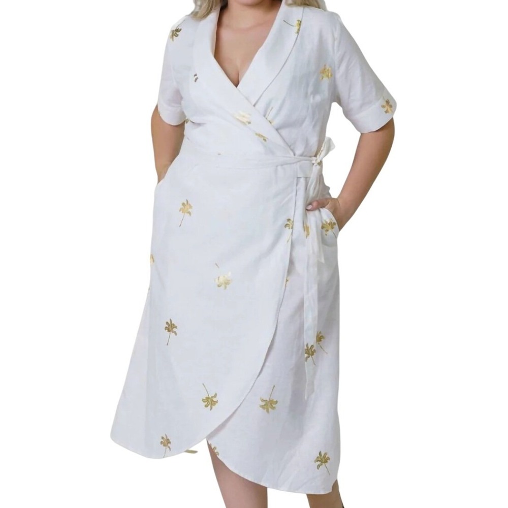 Never Fully Dressed Cotton Linen Brooklyn Midid Wrap Dress White Gold Palms 18
